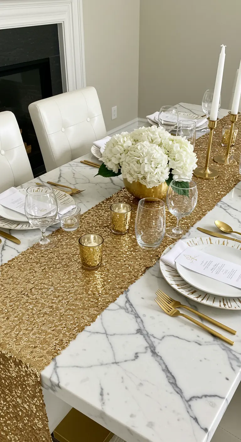 Witte marmeren tafel met een gouden tafelloper, goud bestek en witte hortensia's.