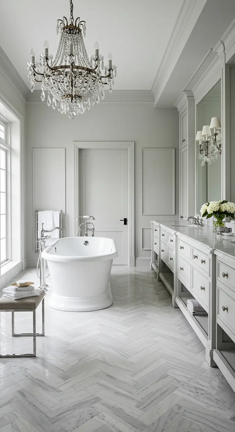 Elegante badkamer met een witte marmeren vloer in visgraatpatroon en een grote kristallen kroonluchter.