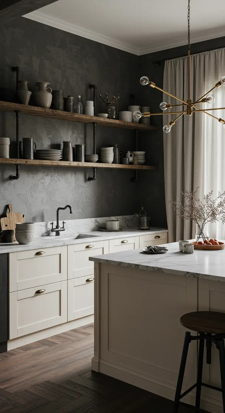Keuken met donkergrijze muur, witte kasten, marmeren blad en een gouden sputnik kroonluchter.