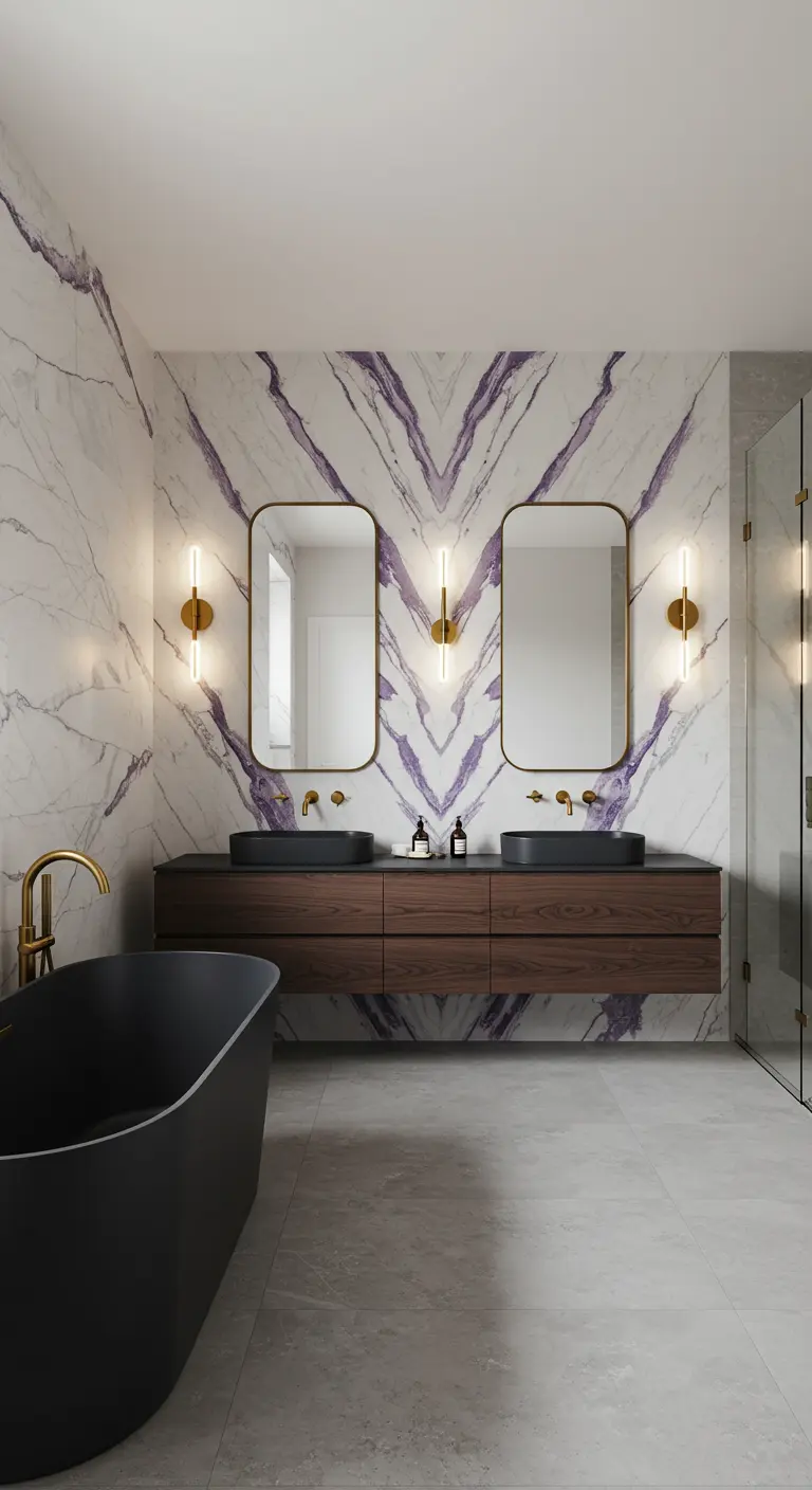 Luxe badkamer met paars-geaderd marmer, een matzwart bad en messing kranen.