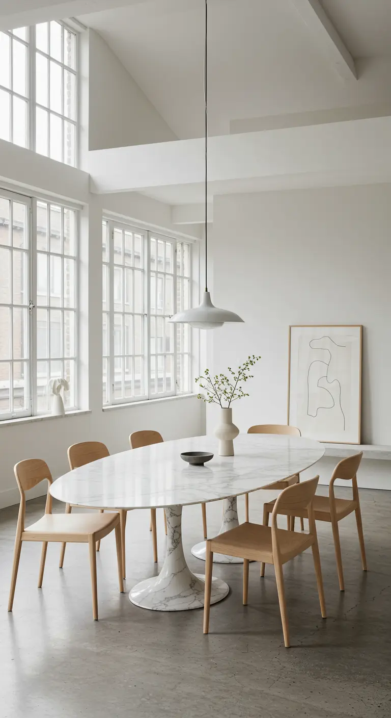 Witte eetkamer met ovale marmeren tafel, licht houten stoelen en grote ramen.