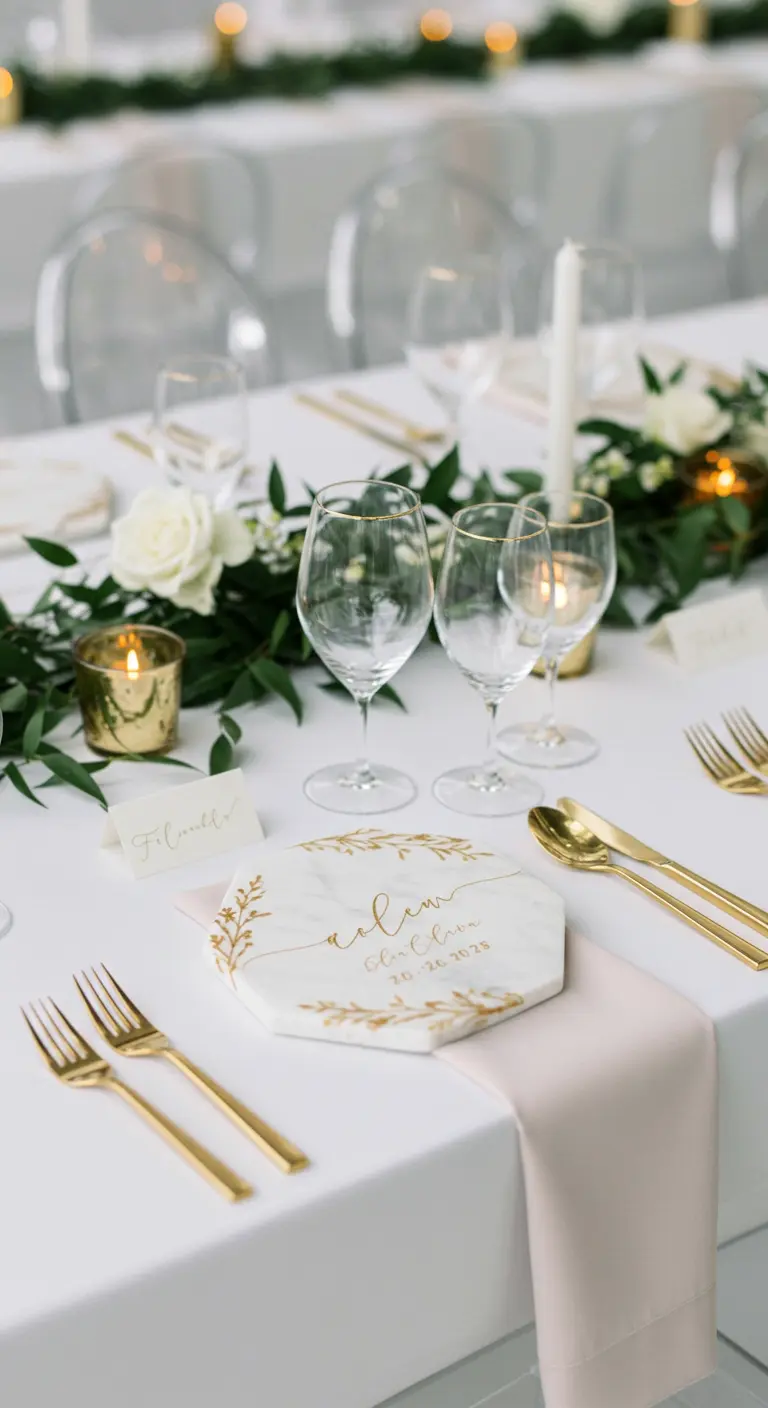 Zeshoekig marmeren naamkaartje met gouden kalligrafie op een wit gedekte tafel.