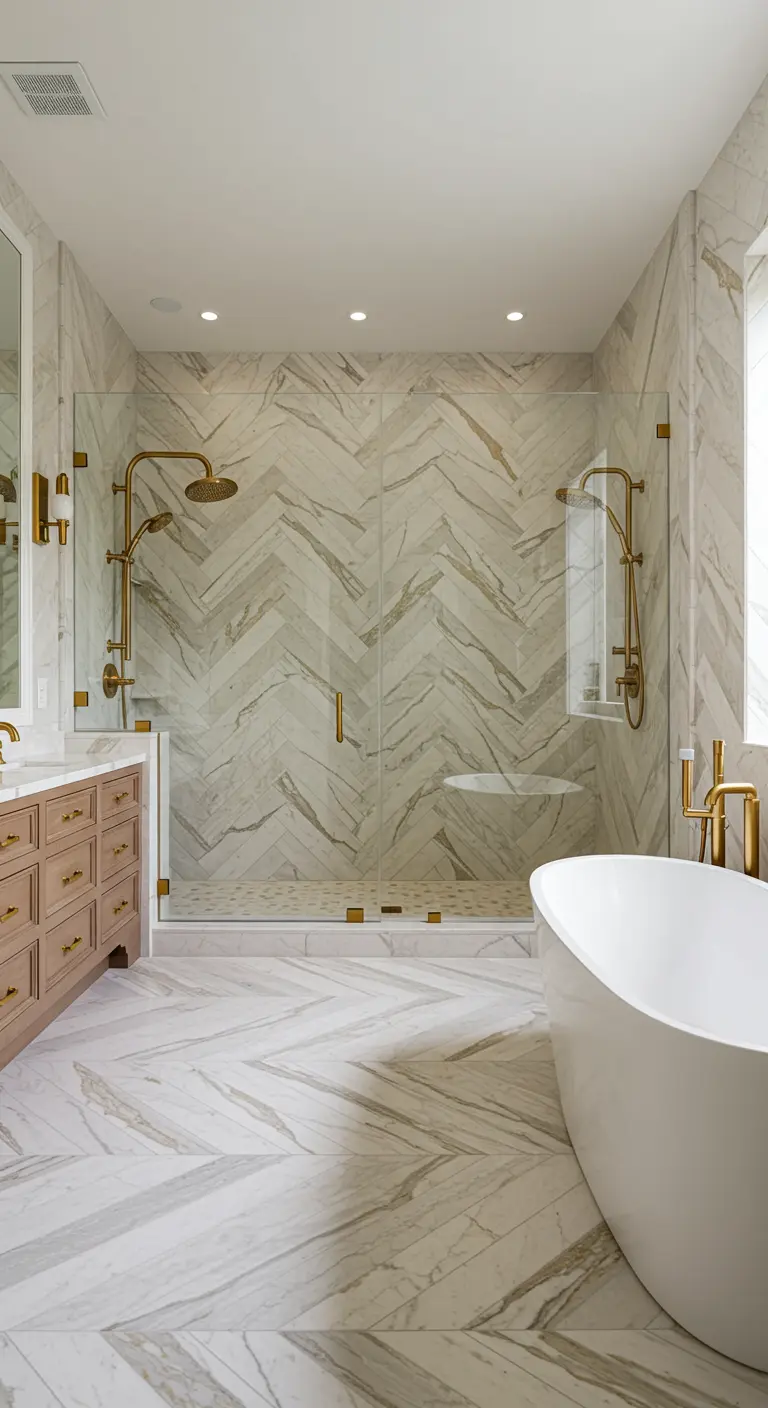 Luxe badkamer met marmeren visgraattegels op de vloer en wanden.