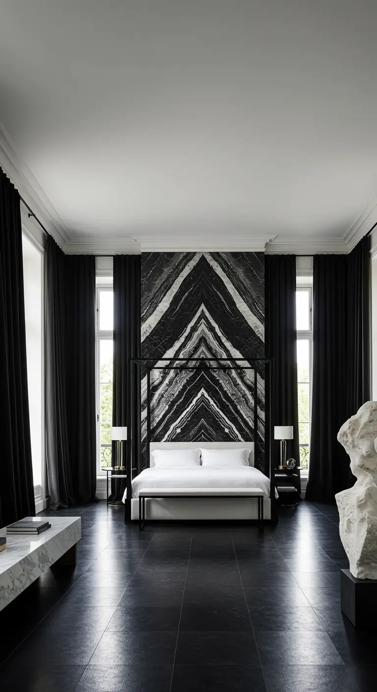 Slaapkamer met zwart-witte marmeren accentmuur in chevronpatroon, zwart hemelbed en lange zwarte gordijnen.