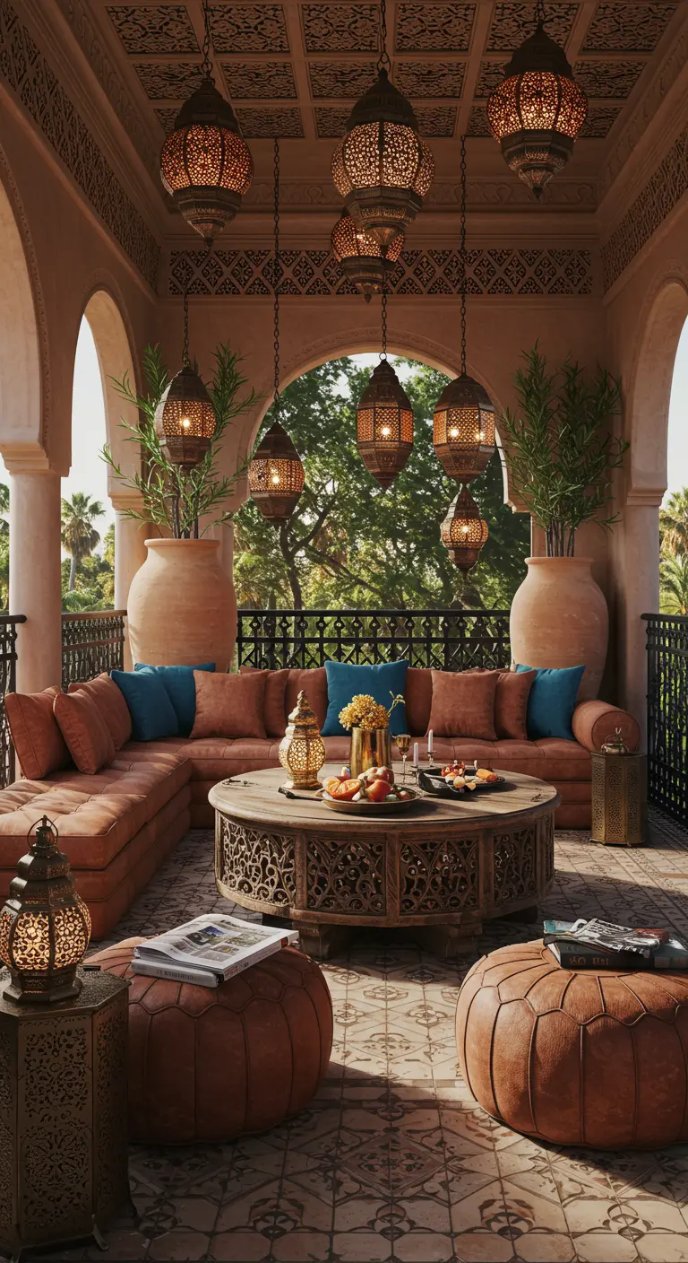 Marokkaans terras met terracotta loungebank, grote vazen, en hangende lantaarns.