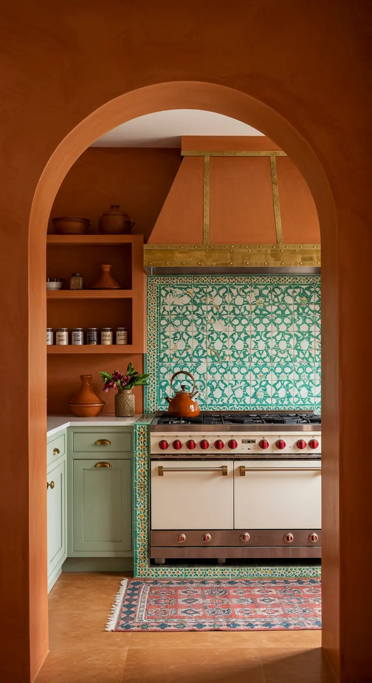 Keuken met terracotta boog, groene Zelligetegels en een crèmekleurig fornuis.