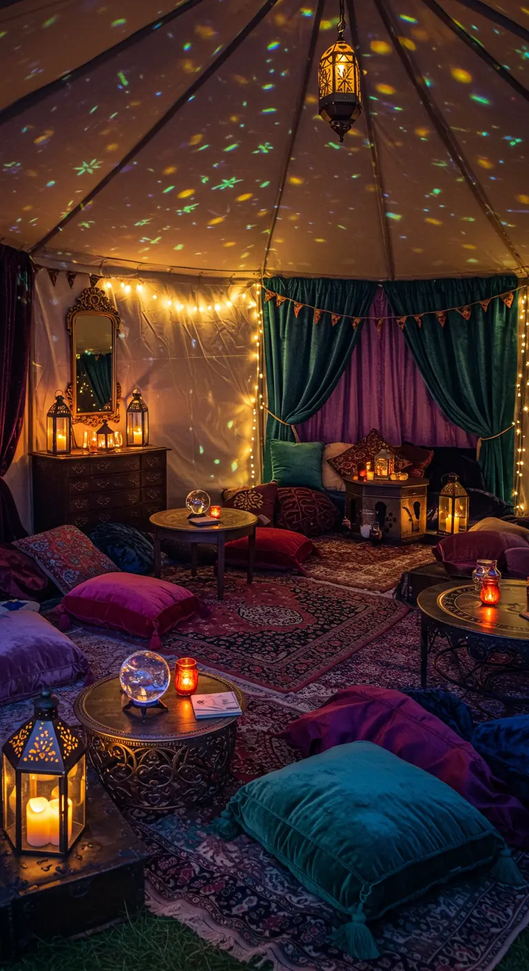Marokkaanse tent filmsetting met kleurrijke stoffen, lantaarns en vloerkussens.