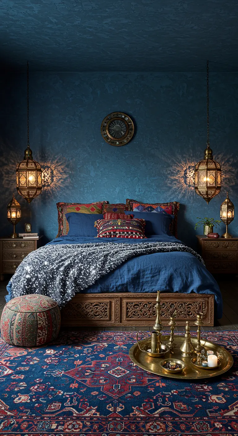 Marokkaans geïnspireerde slaapkamer met blauwe muren, hangende lantaarns en een bed met paillettendeken.