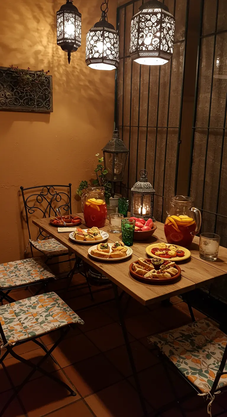 Gezellige eettafel met tapas, omringd door Marokkaanse lantaarns.