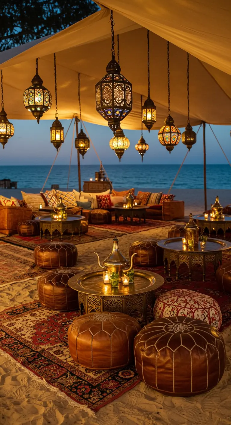 Sfeervolle Marokkaanse lounge-setting op het strand met lantaarns, kleden en lage zitjes.