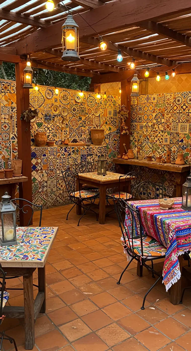 Marokkaanse patio met muren bekleed met kleurrijke geometrische tegels, houten tafels en metalen lantaarns.