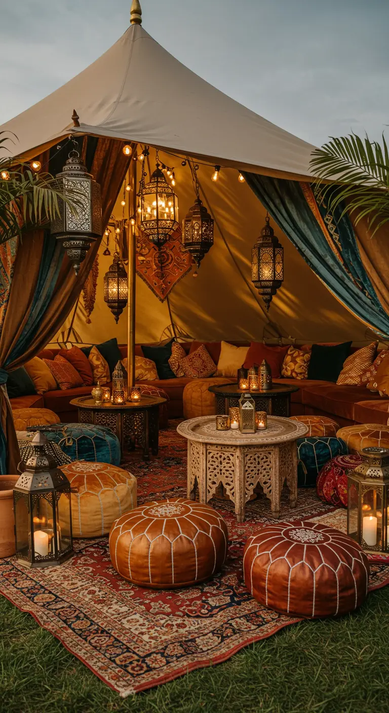 Marokkaanse tent lounge met kleurrijke stoffen, poefs, snijwerk tafels en lantaarns.