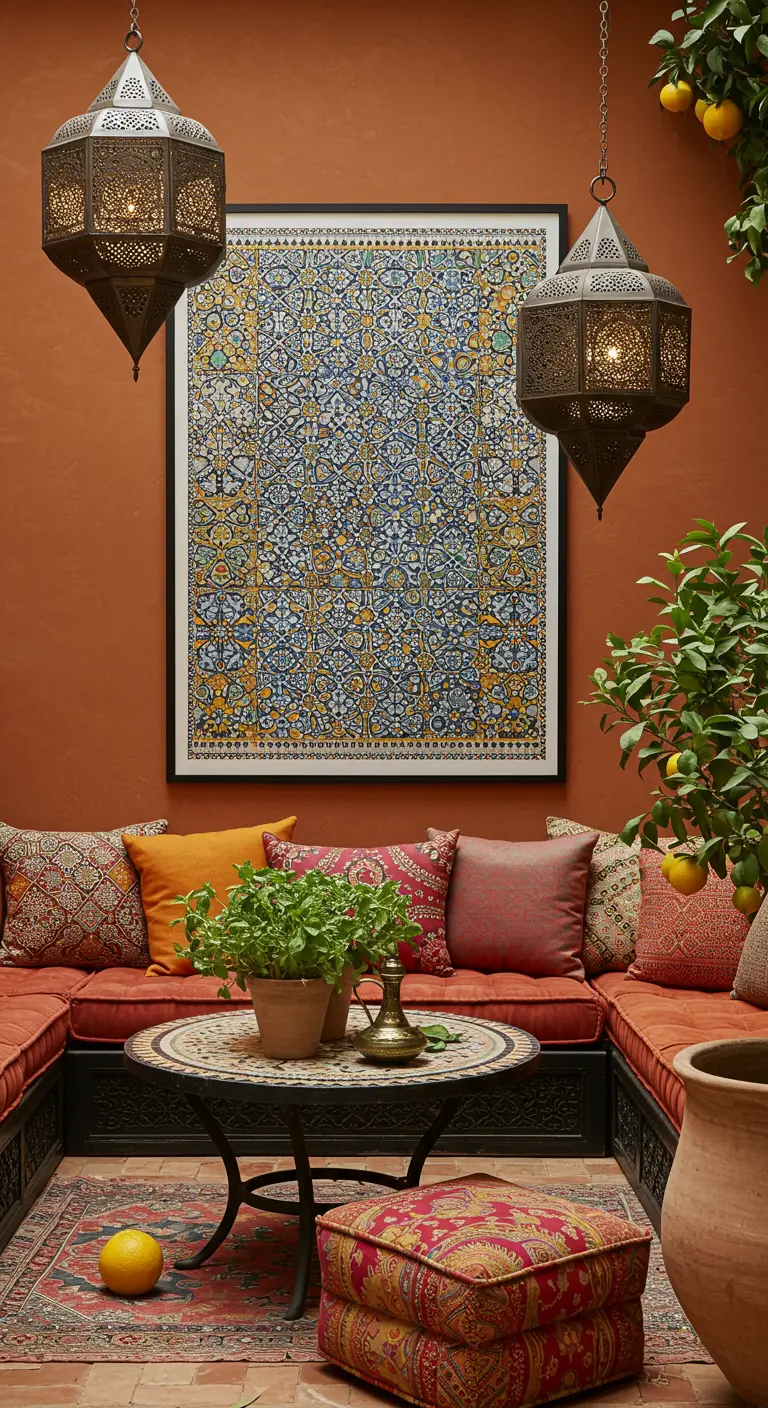 Marokkaanse patio met terracotta muren, kleurrijke kussens en een poster met mozaïekprint.