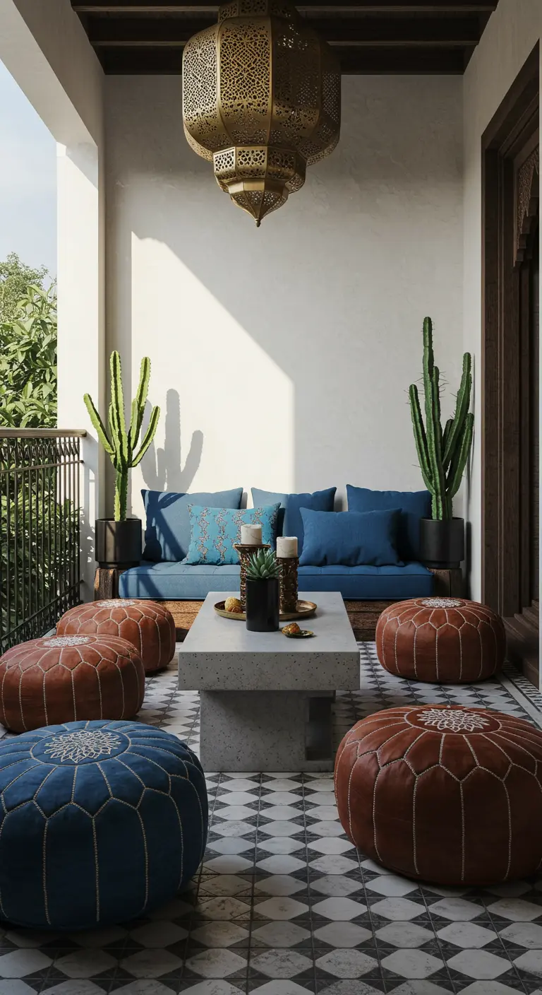 Marokkaans balkon met lage bank, blauwe en leren poefs, patroontegels en een oosterse lantaarn.
