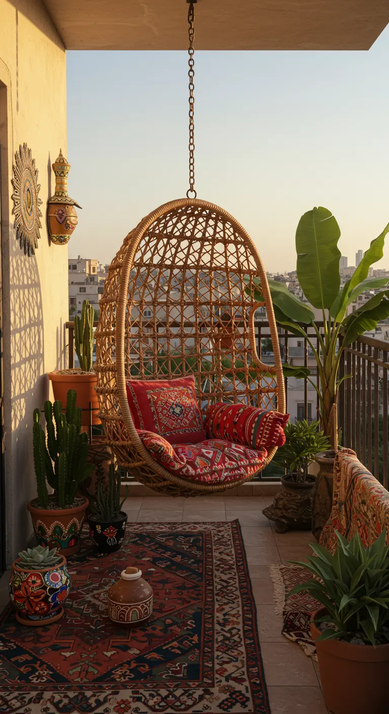 Rotan hangstoel met rode kussens op een balkon met een Perzisch tapijt en uitzicht op de stad.