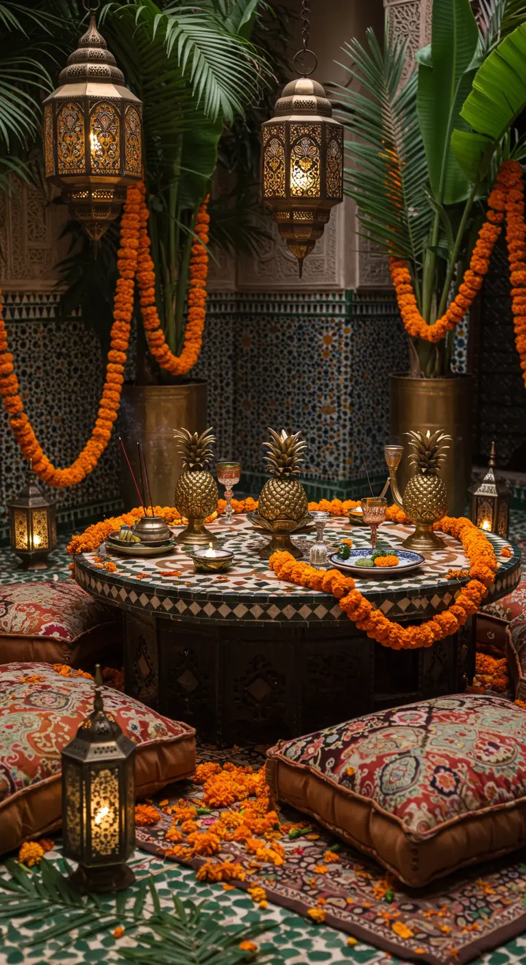 Marokkaans geïnspireerde lage zithoek met gouden ananassen, lantaarns en oranje bloemen.