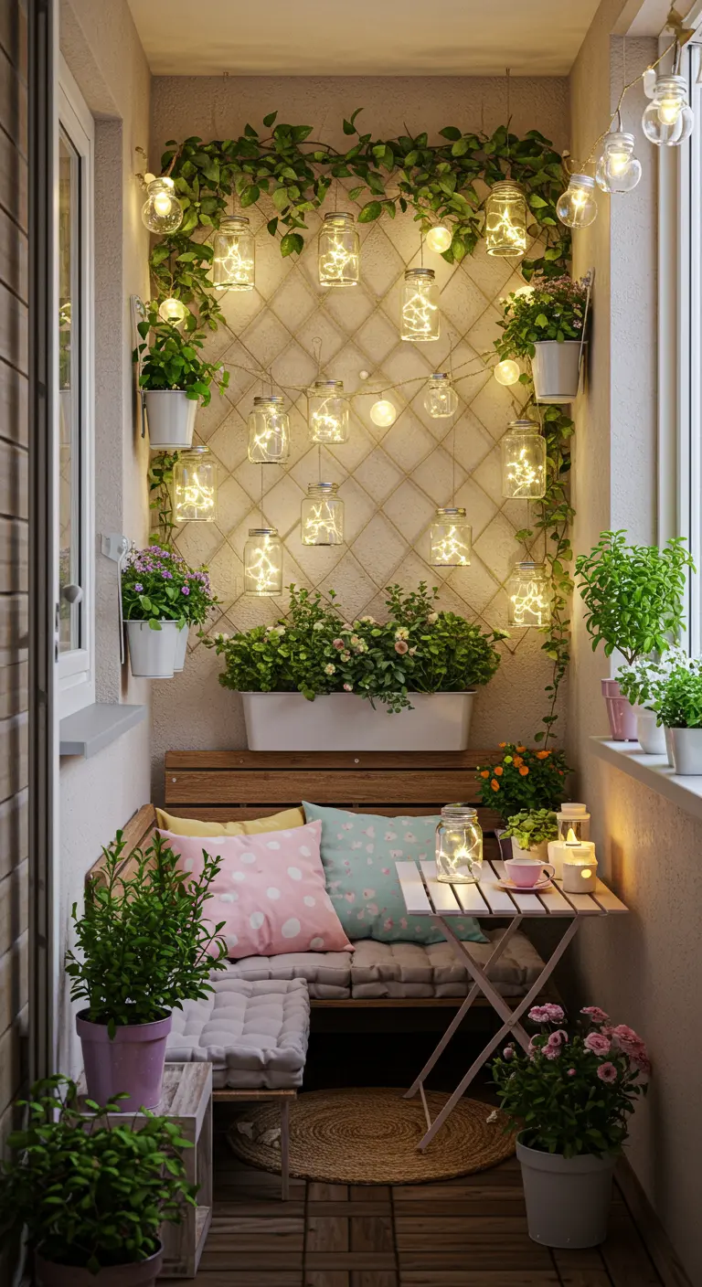 Knus balkon met houten bankje en kussens, een wand vol hangende glazen potjes met lichtjes en plantenpotten.