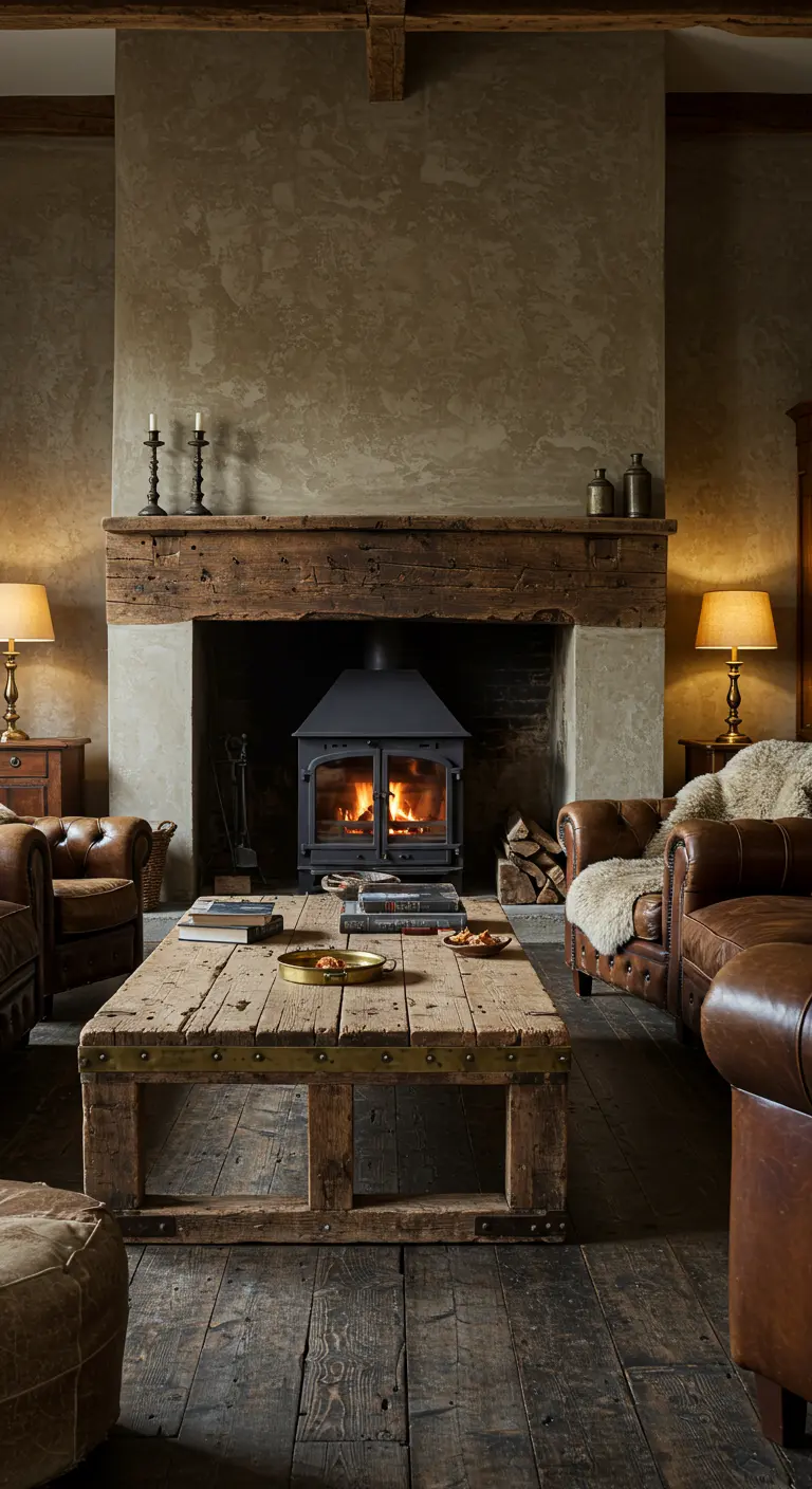 Landelijke woonkamer met grote stenen haard, leren fauteuils en massieve houten tafel