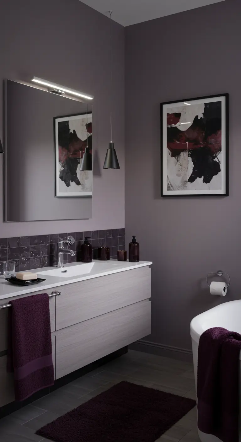 Moderne badkamer met mauve muren, een zwevend meubel en een abstract schilderij.