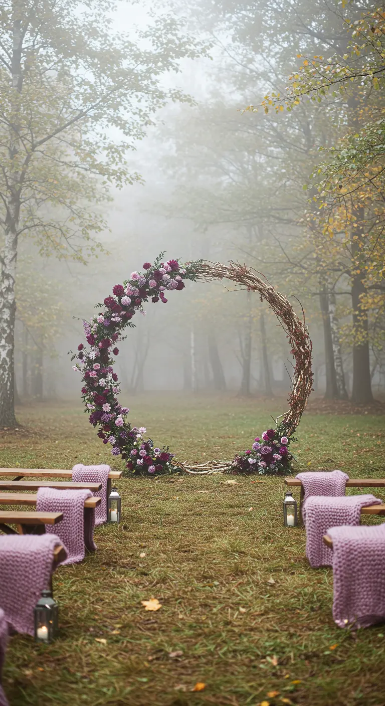 Ronde trouwboog versierd met paarse bloemen in een mistig herfstbos, met dekentjes op de bankjes.