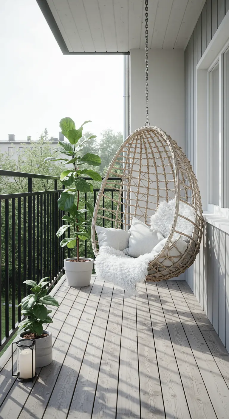 Lichte rotan hangstoel met witte kussens op een smal balkon met houten vlonder.