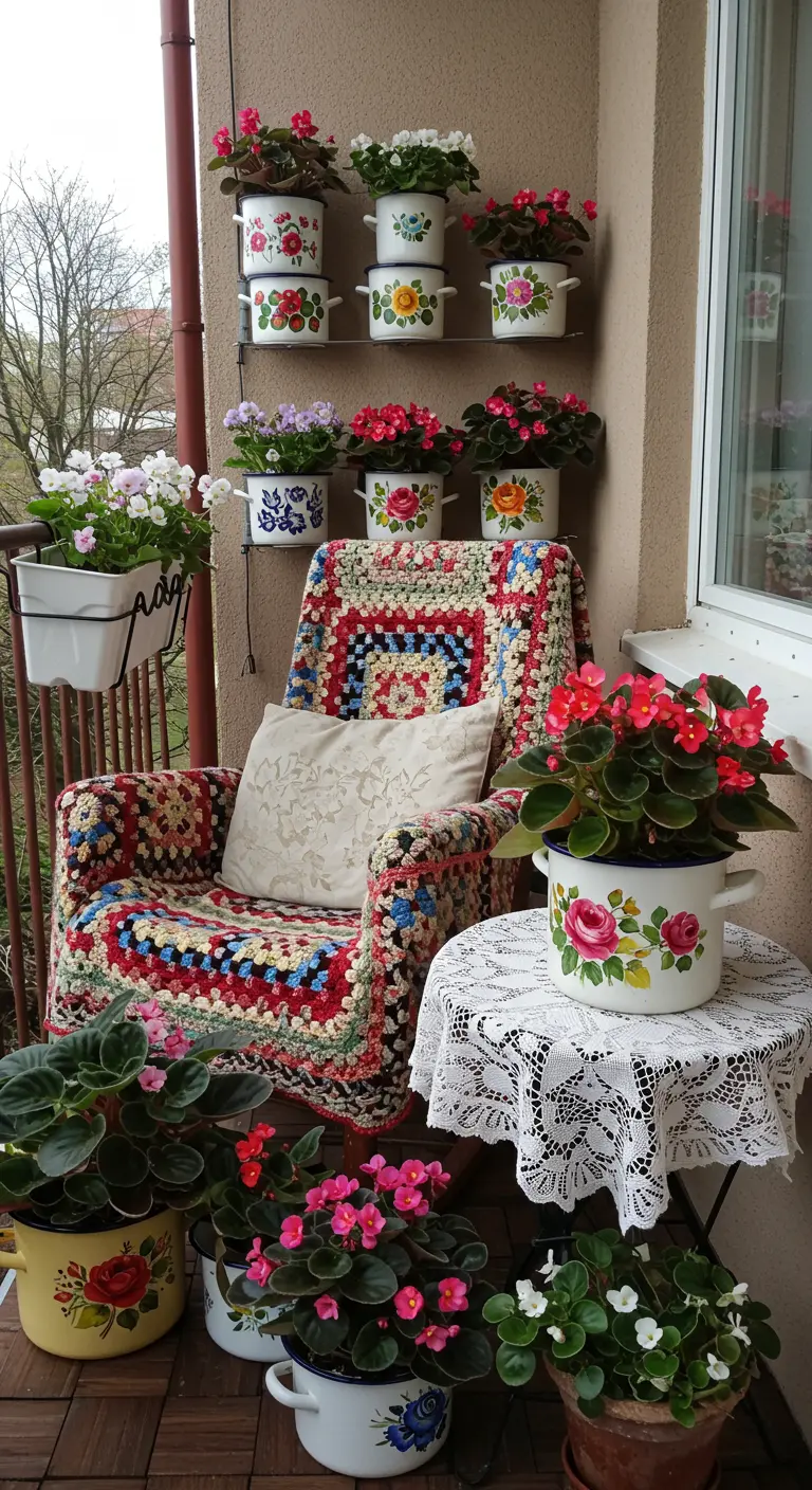 Balkon met een stoel bedekt met een gehaakte sprei, omringd door beschilderde emaille potten vol bloemen.