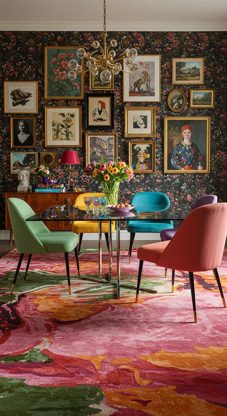 Maximalistische eetkamer met een donker bloemenbehang, galerijmuur en een felgekleurd bloementapijt.