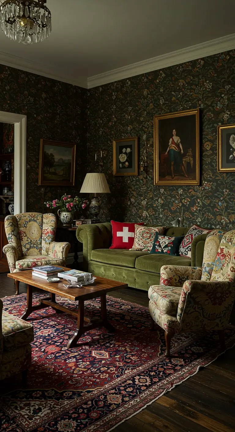 Maximalistische woonkamer met donker bloemenbehang, een groene bank en bloemenfauteuils.