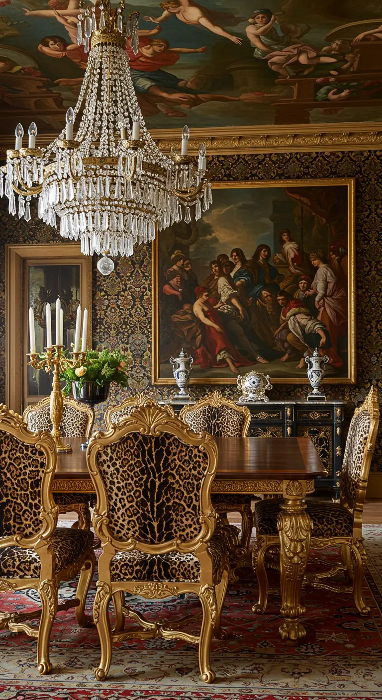 Maximalistische eetkamer met plafondschildering, luipaardprint stoelen en gouden details.