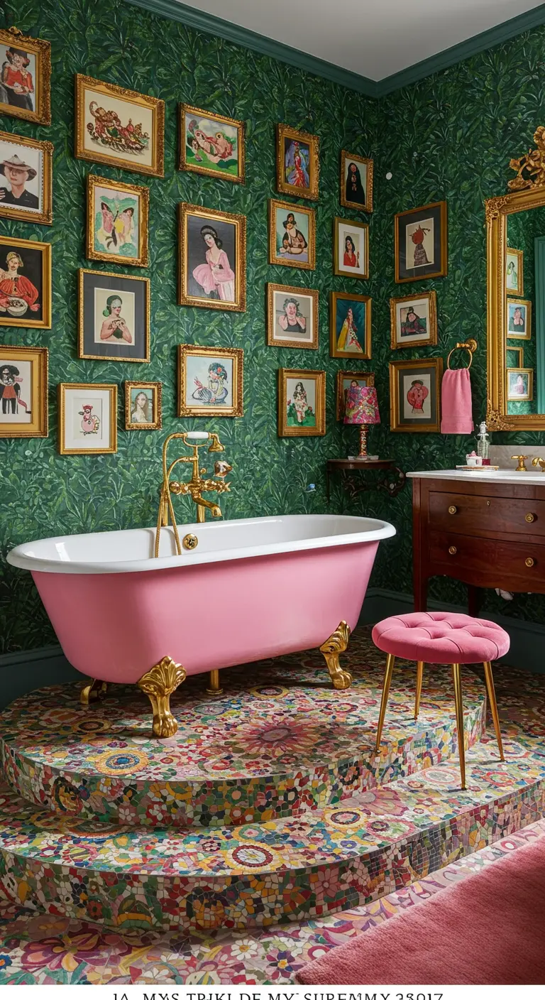 Roze bad op pootjes op een kleurrijk mozaïekpodium met een groene gallery wall.