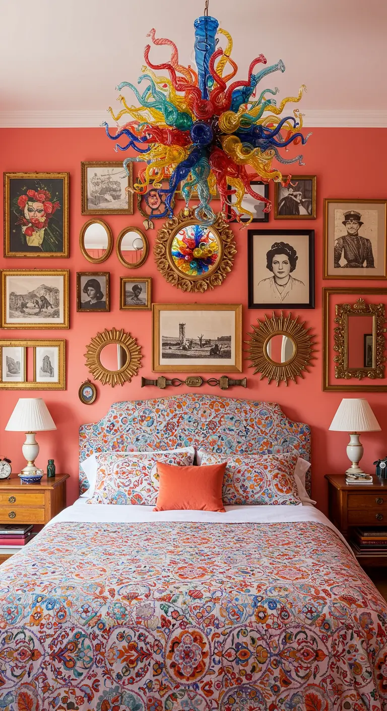 Maximalistische slaapkamer met een koraalrode muur, een galeriewand en een kleurrijke glazen kroonluchter.