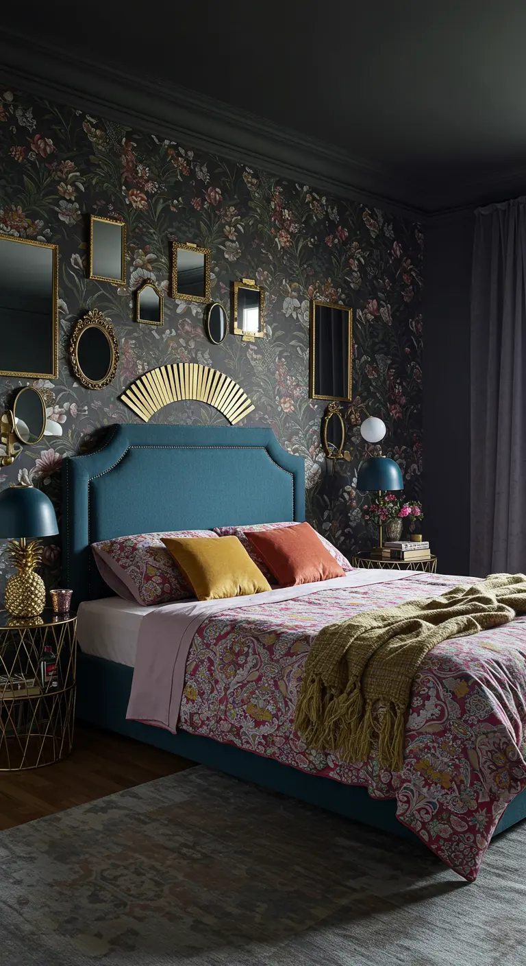 Eclectische slaapkamer met bloemenbehang, een blauw bed, en een gallery wall van gouden spiegels.