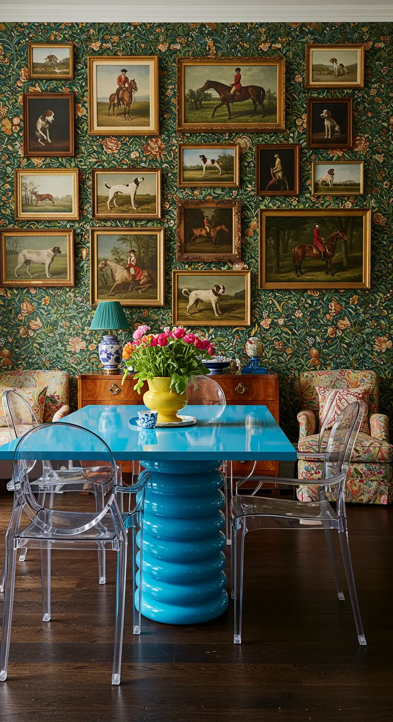 Eclectische eetkamer met botanisch behang, gallery wall en een felblauwe tafel.