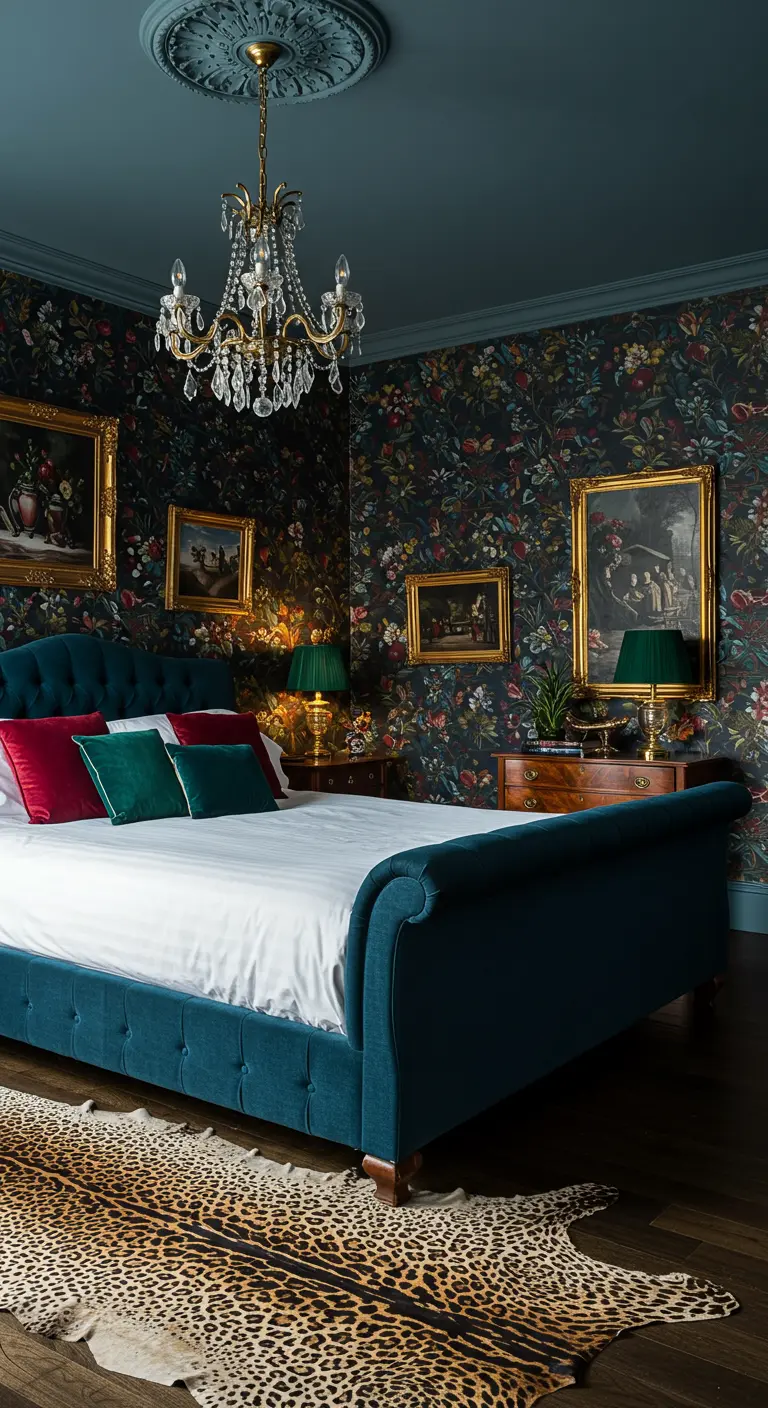 Maximalistische slaapkamer met bloemenbehang, een blauw velours bed en een luipaardprint kleed.