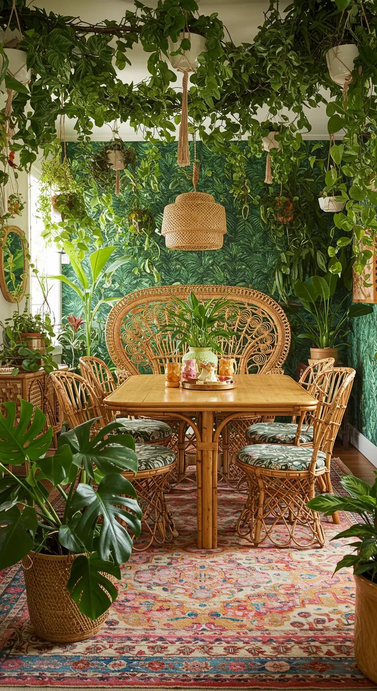 Eetkamer vol planten met groen bladbehang, rotan meubels en een kleurrijk tapijt.