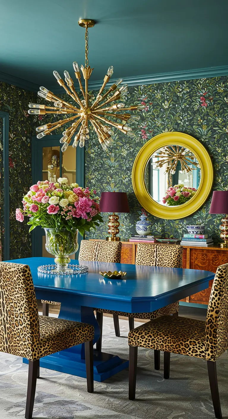 Maximalistische eethoek met bloemenbehang, stoelen met luipaardprint en een felblauwe tafel.