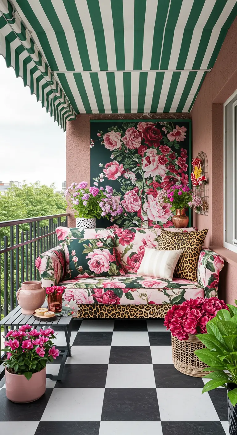 Balkon met een bank met bloemen- en luipaardprint, een geblokte vloer en een gestreept zonnescherm.