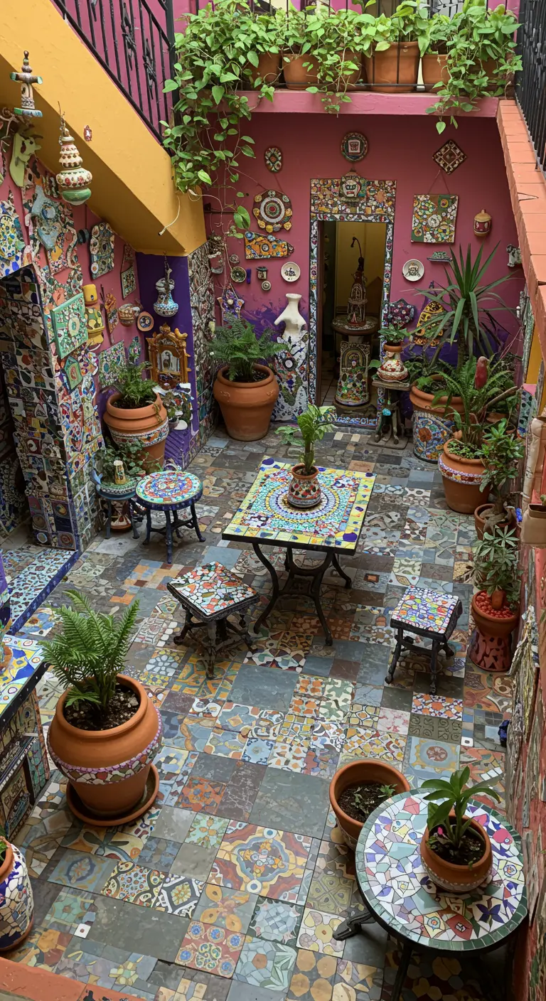 Drukke, kleurrijke patio met mozaïek op de vloer, muren, tafels en krukjes.