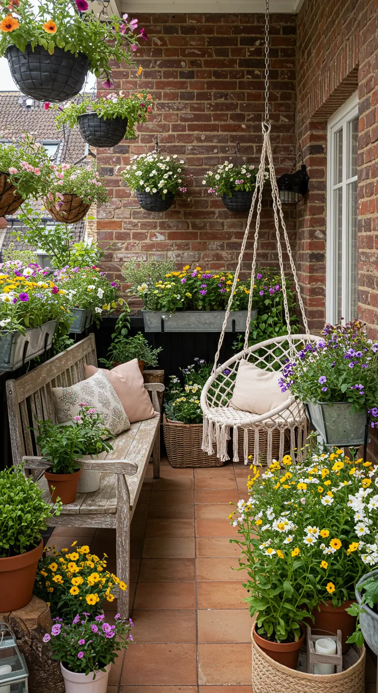 Drukbeplant balkon met een houten bank, een macramé hangstoel en bloemen overal.
