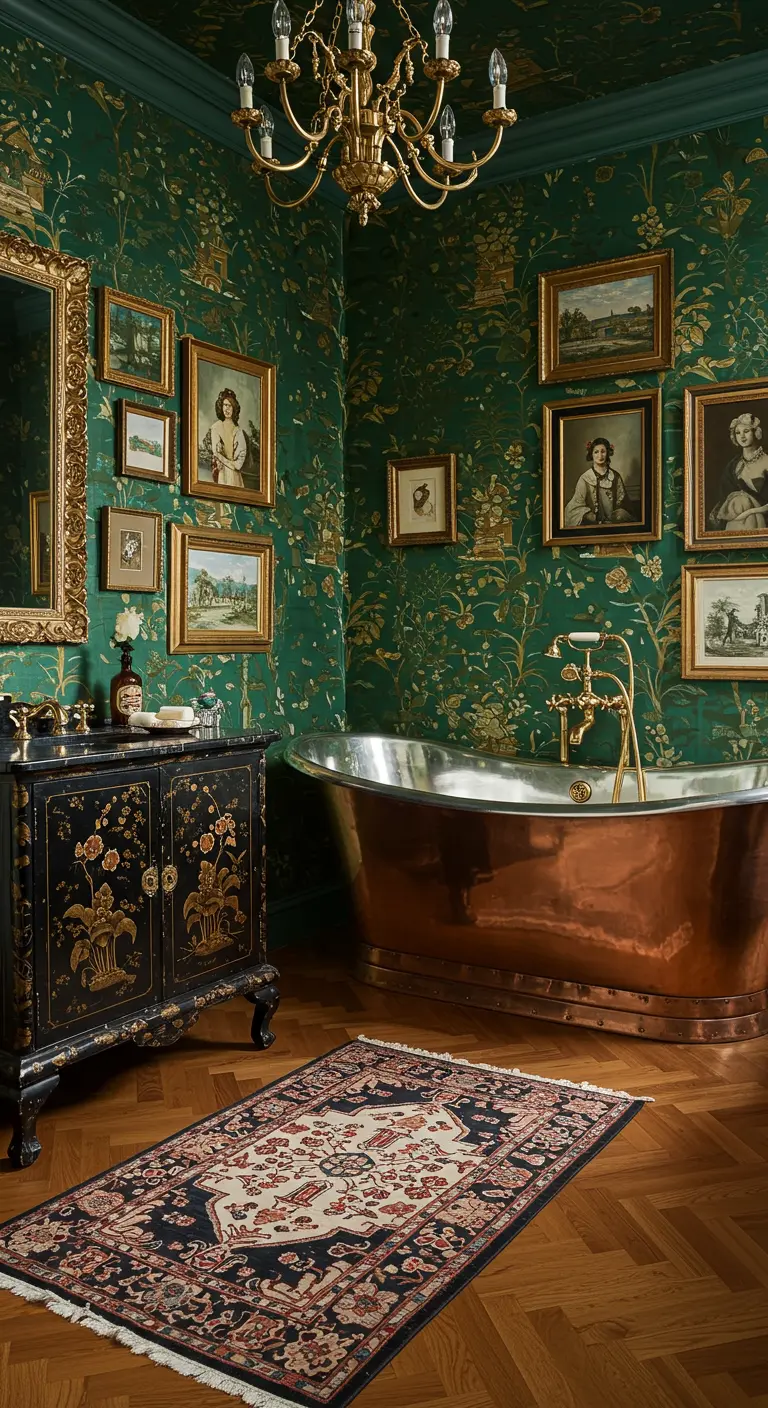 Maximalistische badkamer met donkergroen behang, een koperen bad en veel schilderijen.