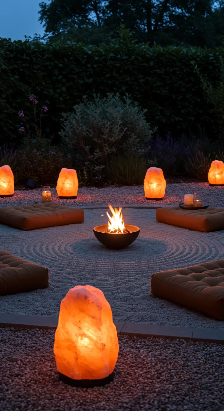 Zen-tuin met vuurschaal, lage kussens op geharkt zand en oranje zoutlampen.