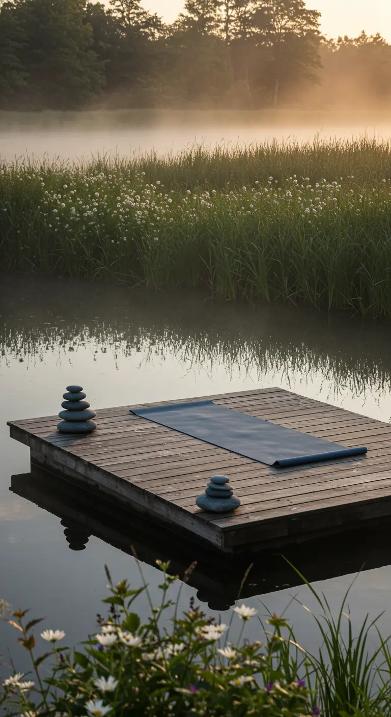 Houten vlonder op een mistig meer, met een yogamat en stapels stenen.