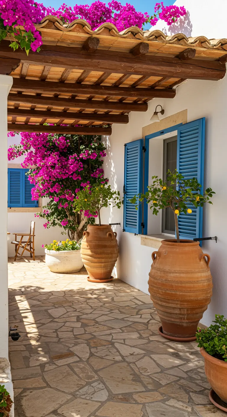 Grote terracotta potten op een zonnig terras met witte muren en blauwe luiken.
