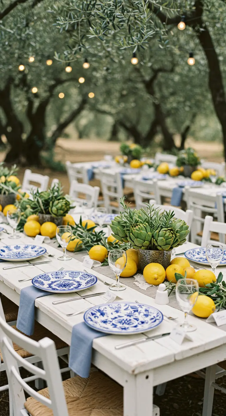 Mediterrane tafelsetting met citroenen, artisjokken en blauw-witte borden.
