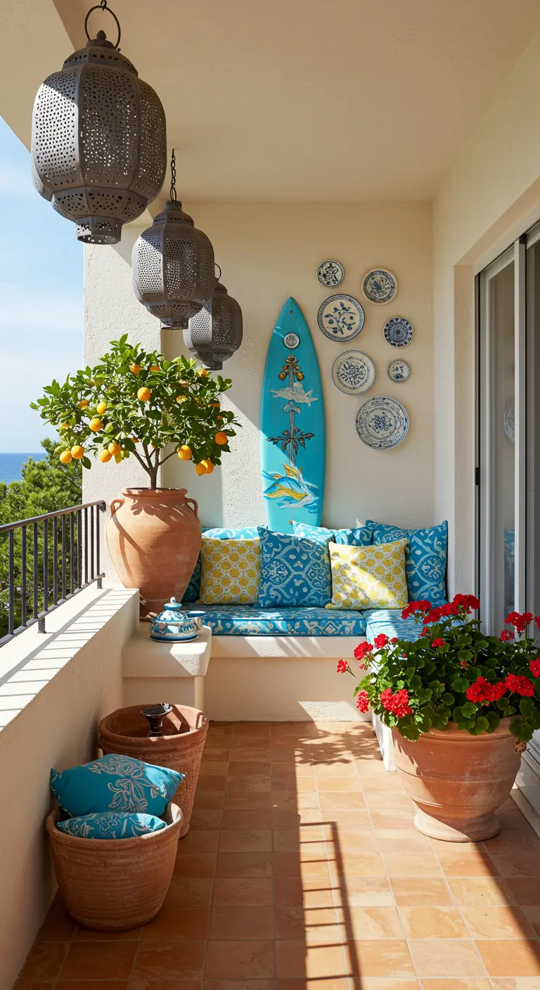 Balkon met terracotta vloertegels, ingebouwde bank, moorse lantaarns, citroenboom en geranios.