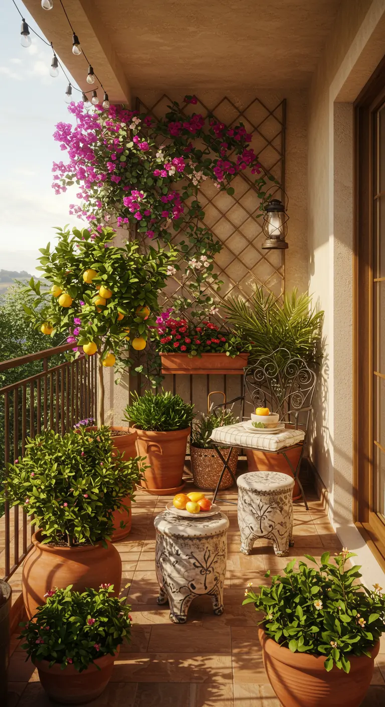 Zonnig balkon met terracotta potten, citroenboom, bougainvillea, sierlijke stoel en mozaïek krukjes.