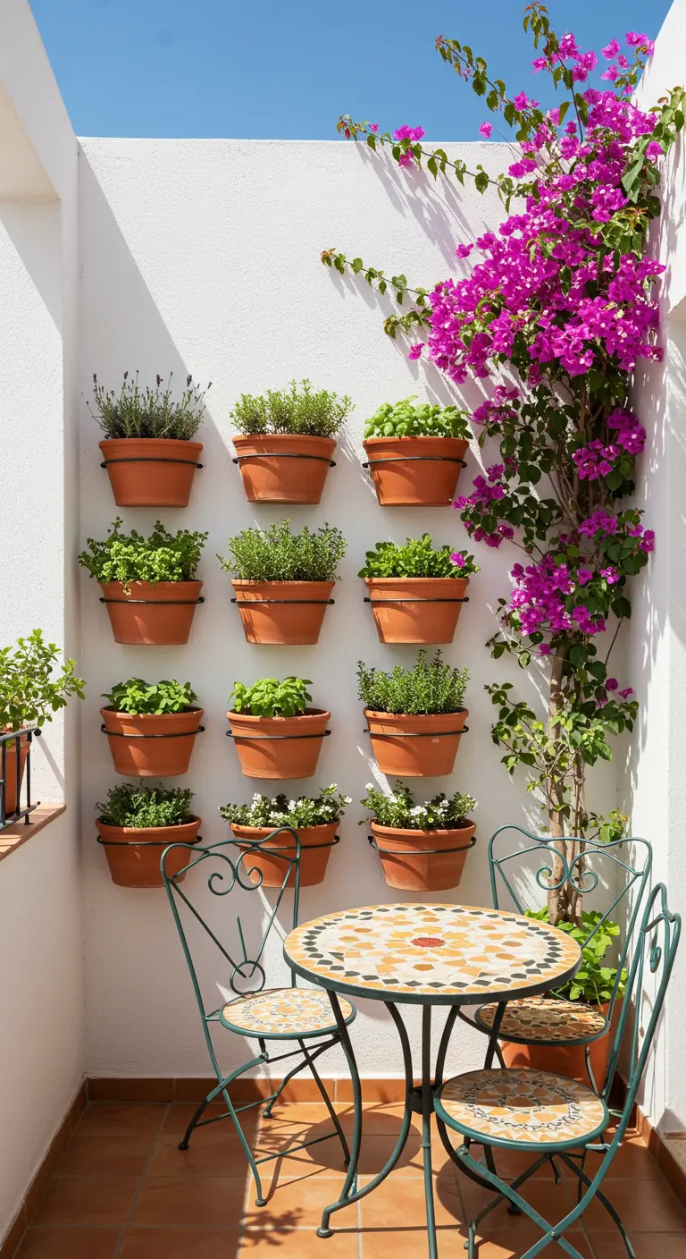 Mediterraans balkon met witte muur, terracotta potten vol kruiden en een bloeiende paarse bougainvillea.