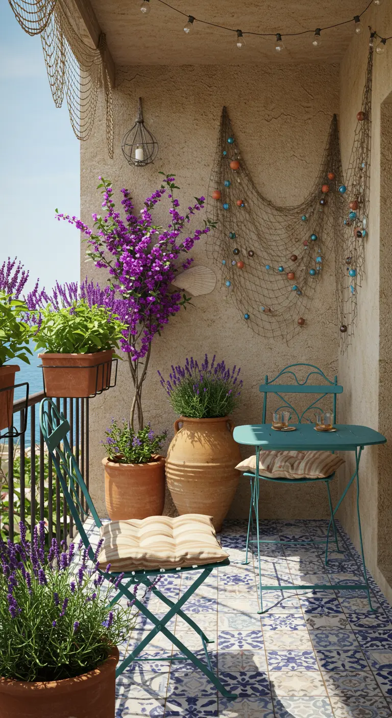 Mediterraans-nautisch balkon met terracotta potten, lavendel, vissersnetten met boeien en een blauwgroene bistroset.