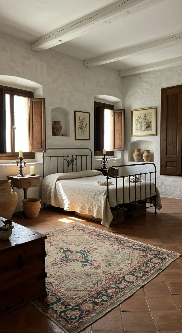 Rustieke slaapkamer met witte muren, ijzeren bed en houten luiken.