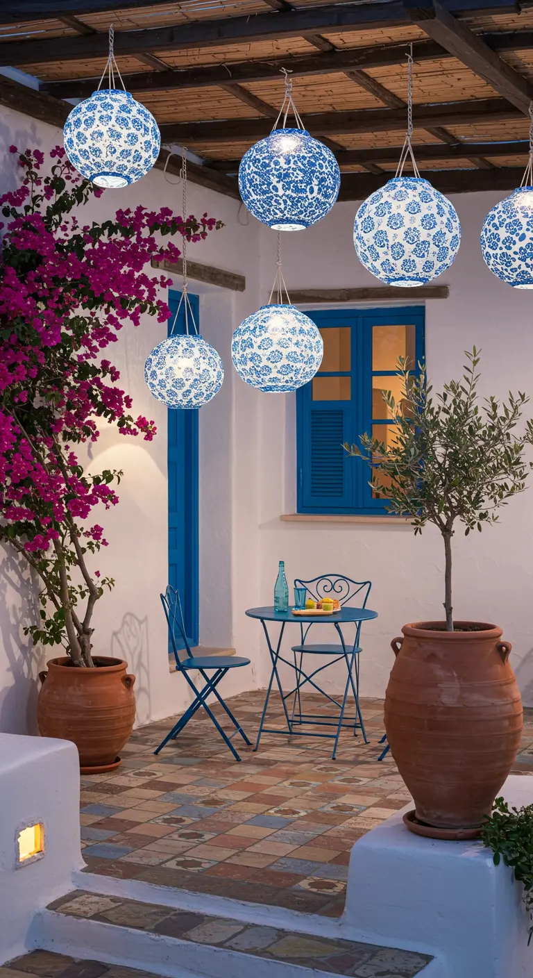 Griekse patio met blauw-wit gedessineerde lampionnen die boven een bistrosetje hangen.